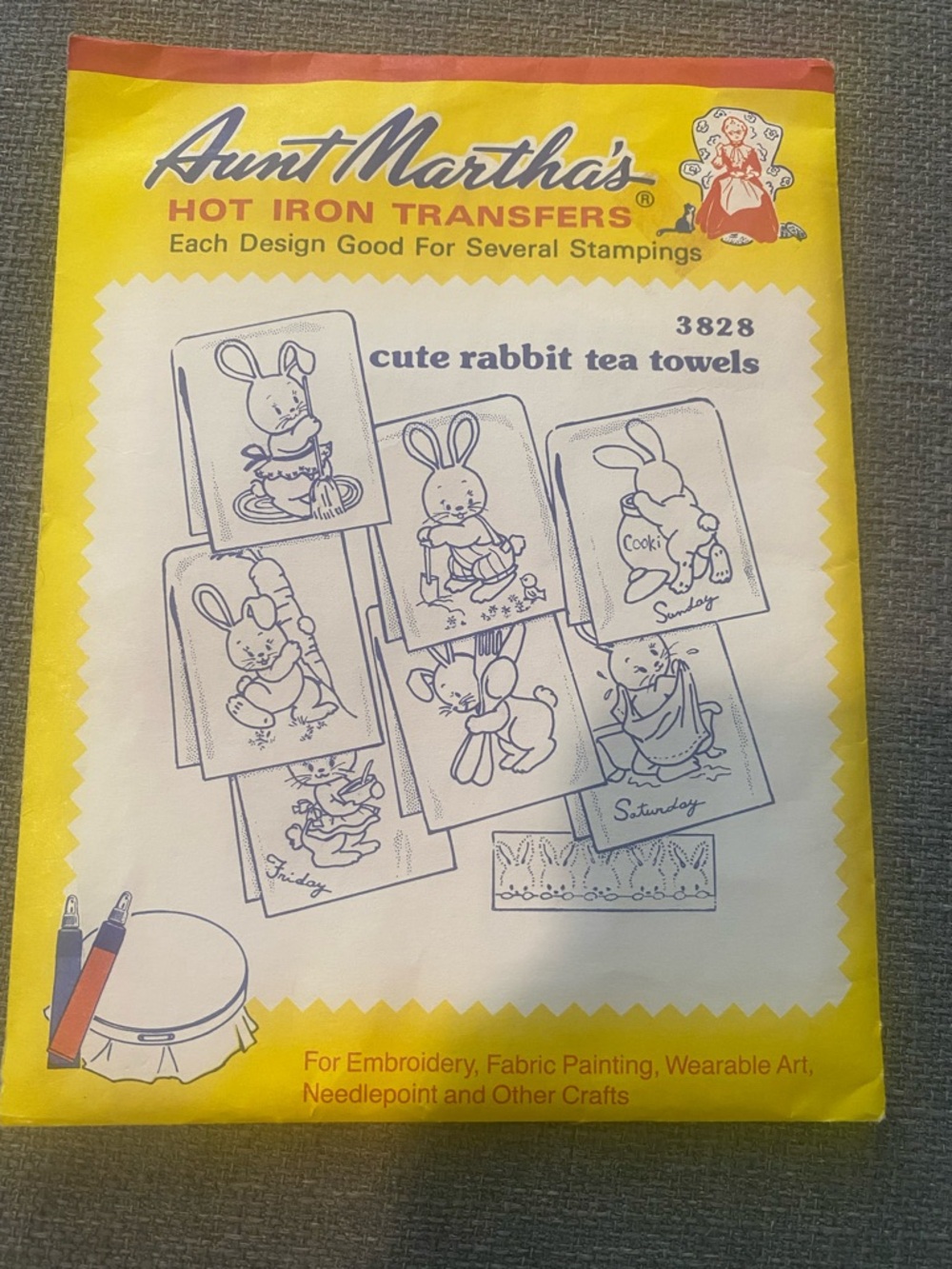 Vintage Aunt Martha’s Hot Iron Transfers 3828 Cute Rabbit Tea Towels Embroidery